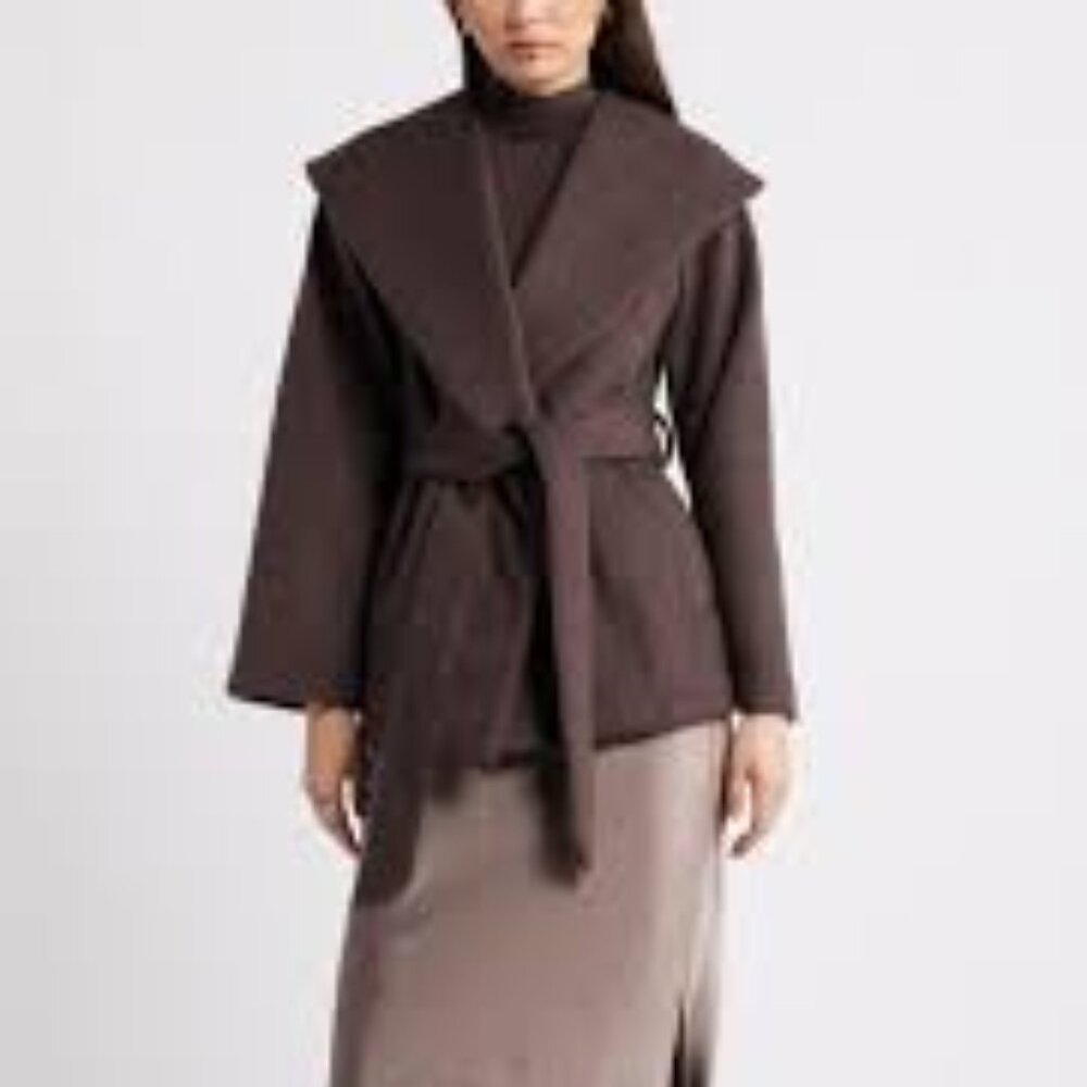 19-NWT OGL DOUBLE FACED WOOL BLEND WRAP COAT- CHOCOLATE BROWN
